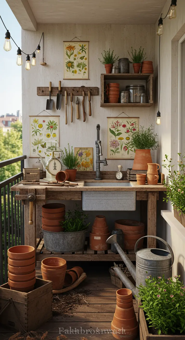 Balkon met houten oppottafel, terracotta potten, botanische prints en vintage tuingereedschap.