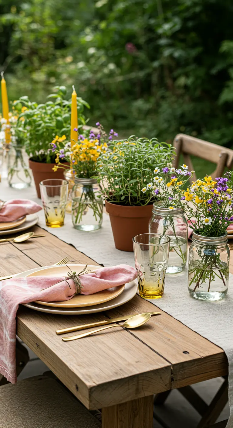 Rustieke houten tafel gedekt met kruidenpotten, veldbloemen in potjes en linnen.