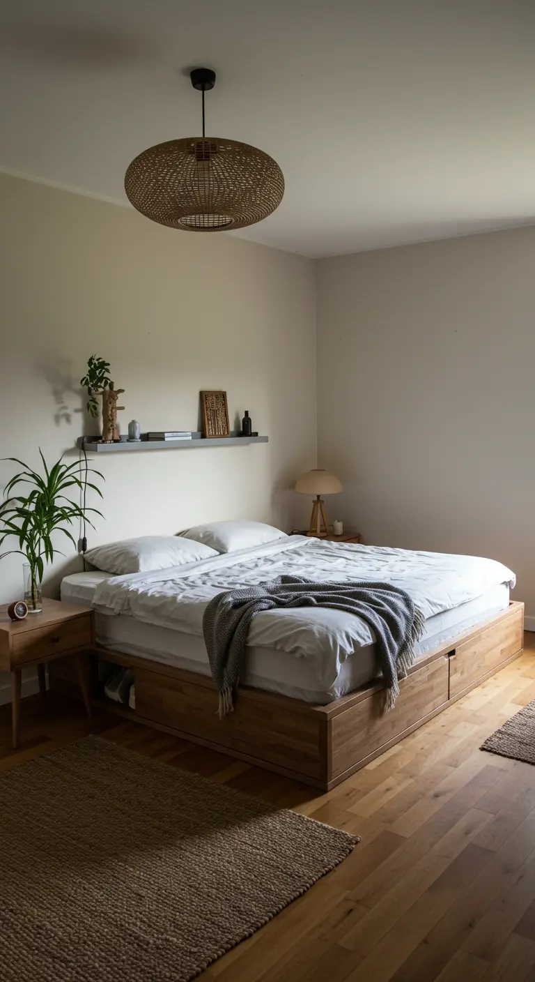 Japandi slaapkamer met houten bed met lades, planten en rotan hanglamp.