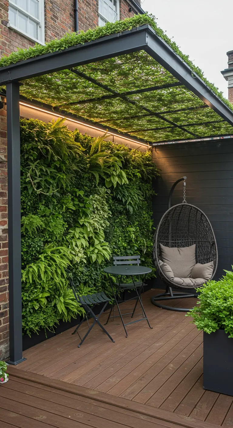 Moderne overkapping met een grote groene wand, hangstoel en bistroset.
