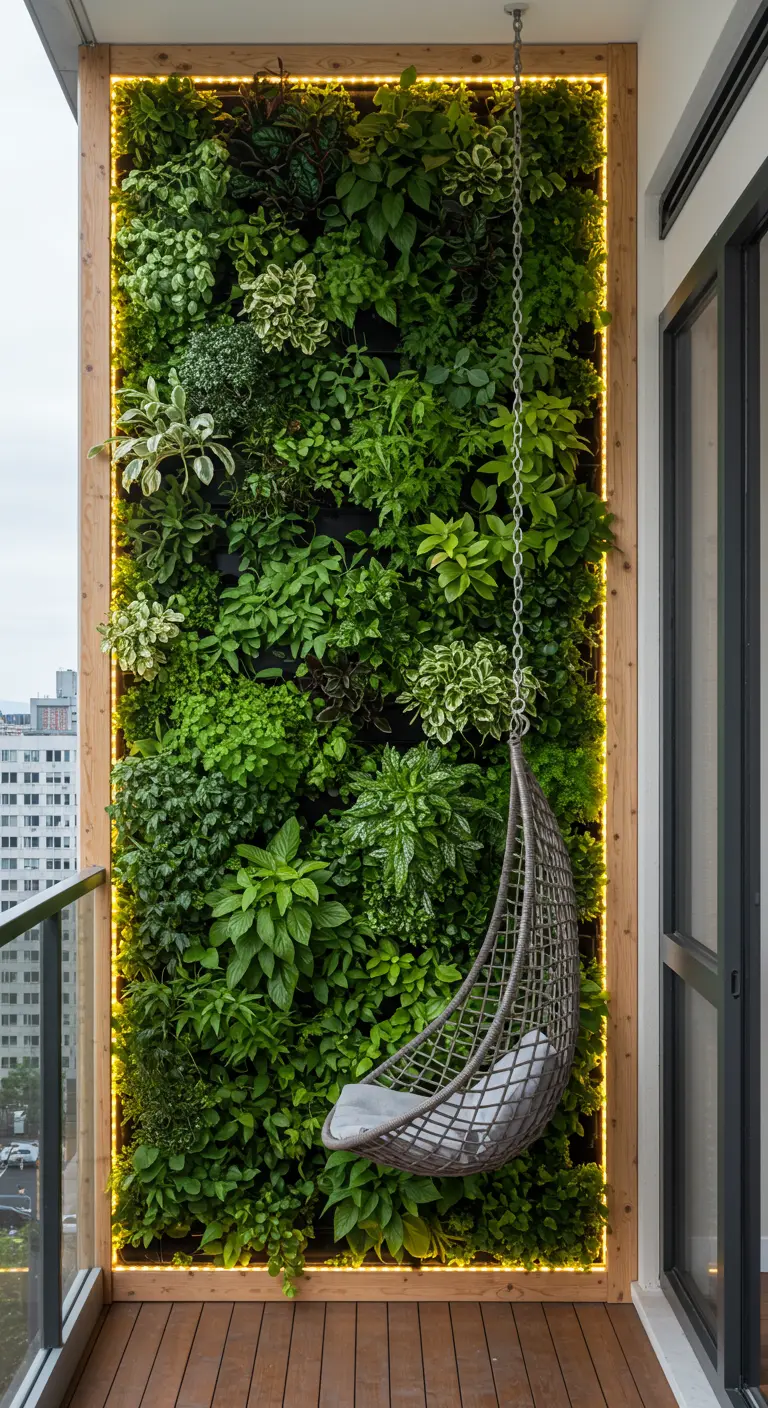 Klein balkon met verticale tuin, achtergrondverlichting, en grijze eivormige hangstoel.