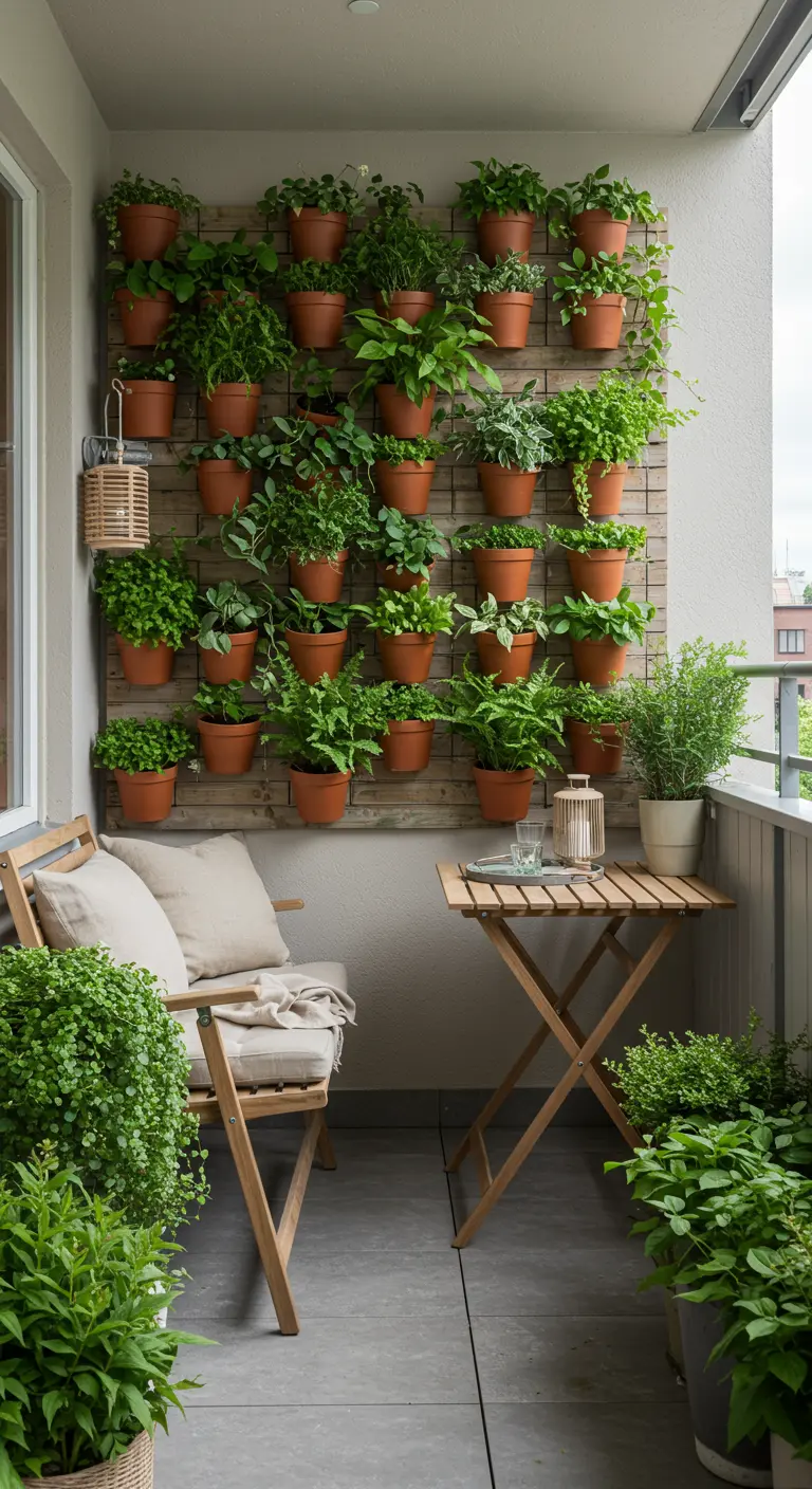Balkon met een grote verticale tuin van terracotta potten met diverse planten en een houten bistroset.