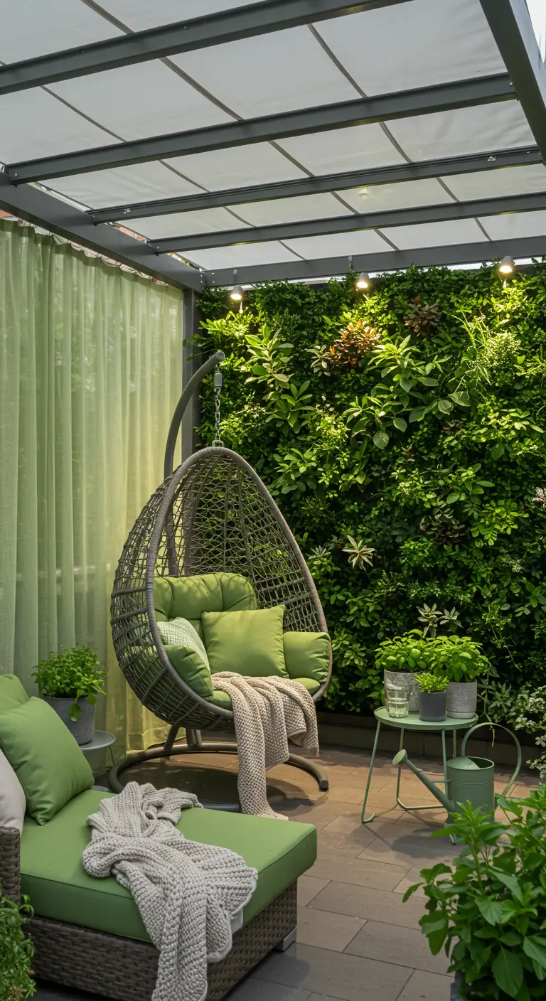 Rotan hangstoel met groene kussens tegen een weelderige groene plantenwand onder een overkapping met transparant dak en lichtgroene gordijnen.