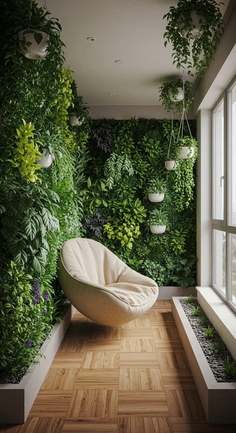 Smal balkon met weelderige groene verticale wanden en een zwevende, lichte hangstoel.
