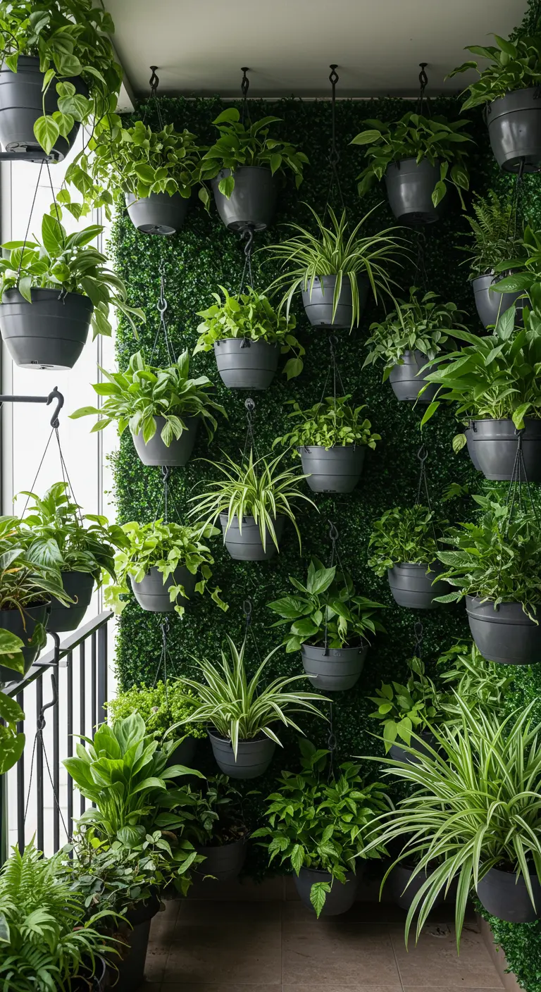Dichte groene wand van hangplanten tegen een kunsthaag voor privacy op balkon.