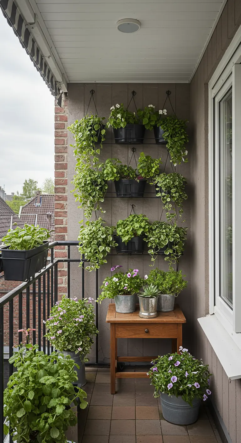 Zwart metalen hangend plantenrek met meerdere etages vol groene planten.
