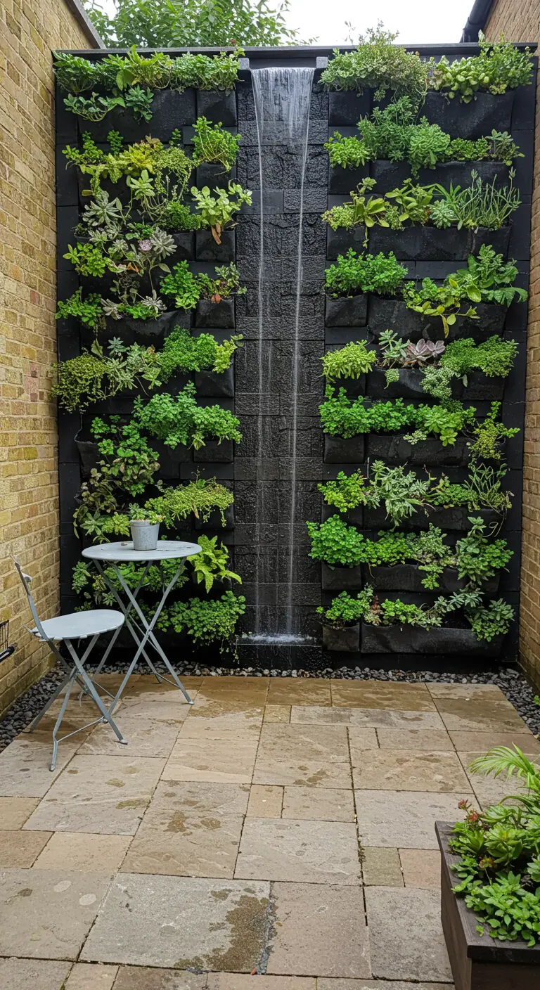 Grote verticale plantenwand met een smalle waterval in het midden.