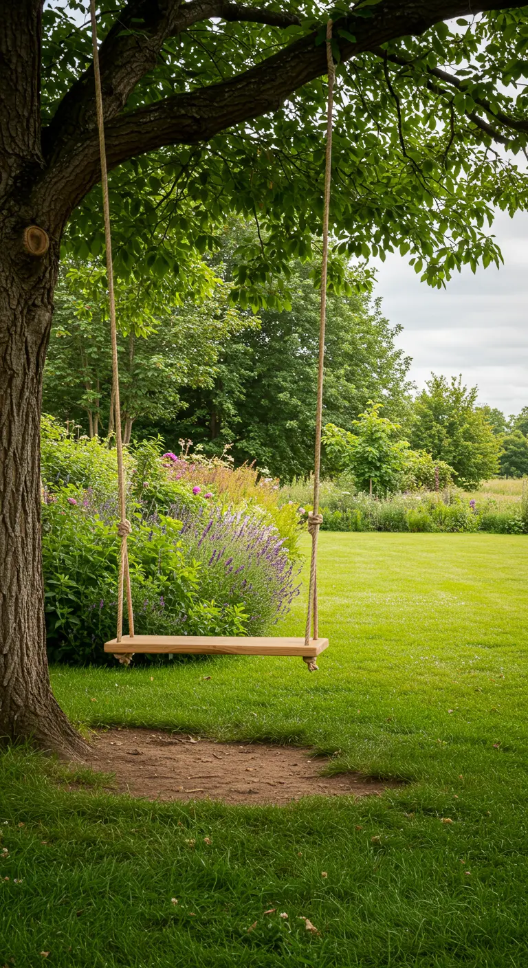 Boomstam-schommel onder boom in een weelderige, goed onderhouden tuin met veel groen en bloemen.