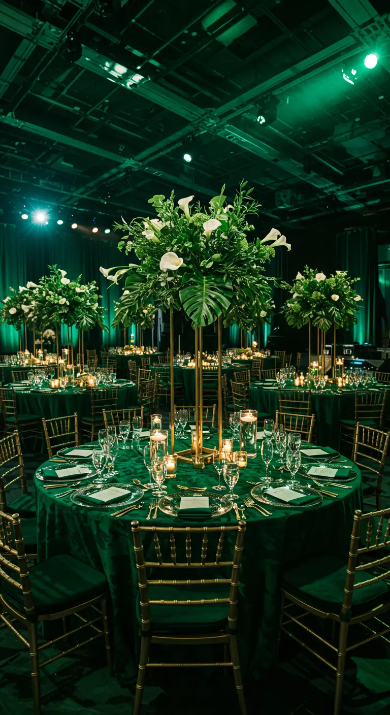 Luxe bruiloft tafelschikking met smaragdgroen fluweel, gouden stoelen en weelderige bloemen.