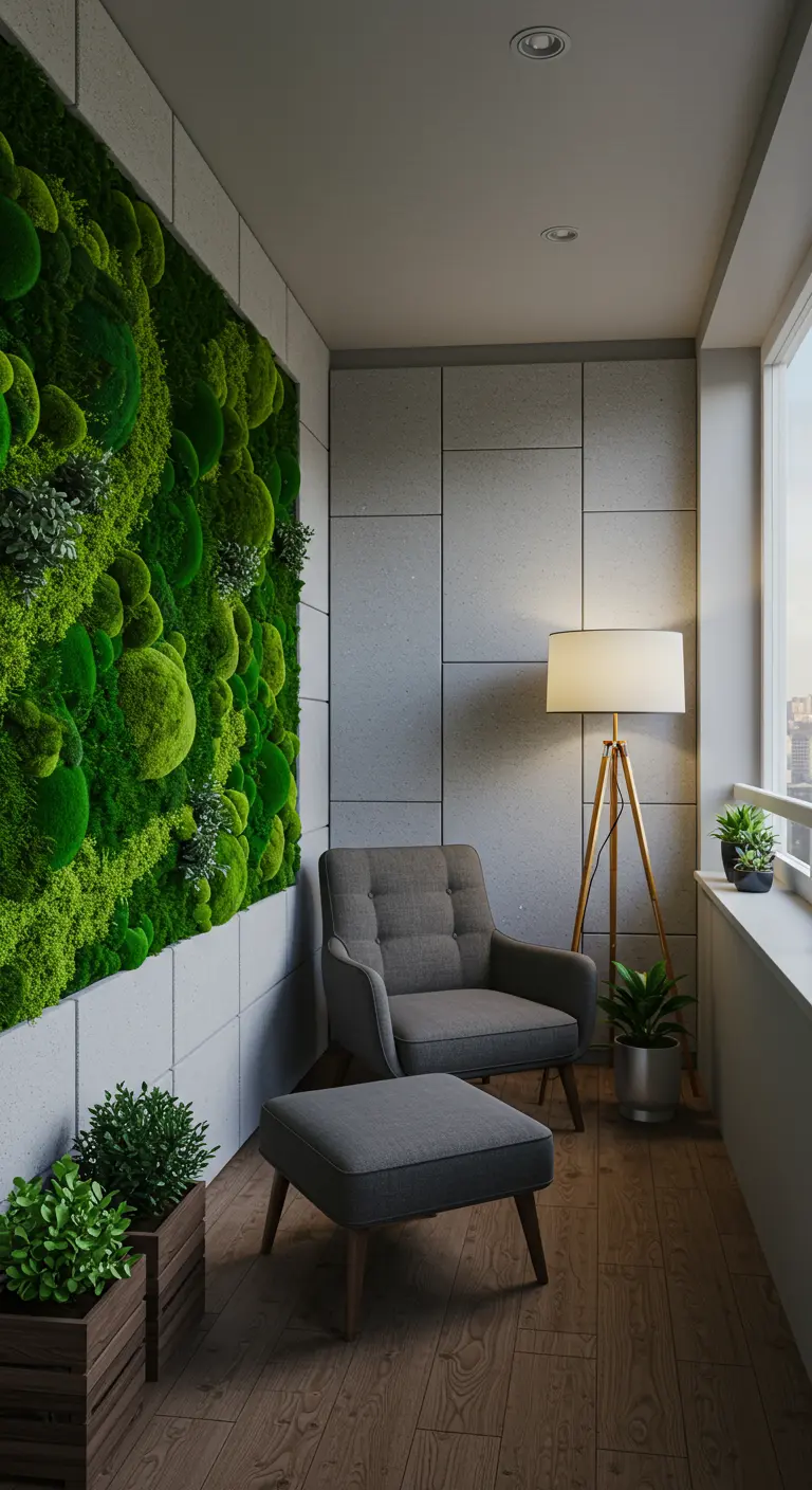 Balkonmuur bedekt met een weelderige groene moswand, grijze fauteuil.