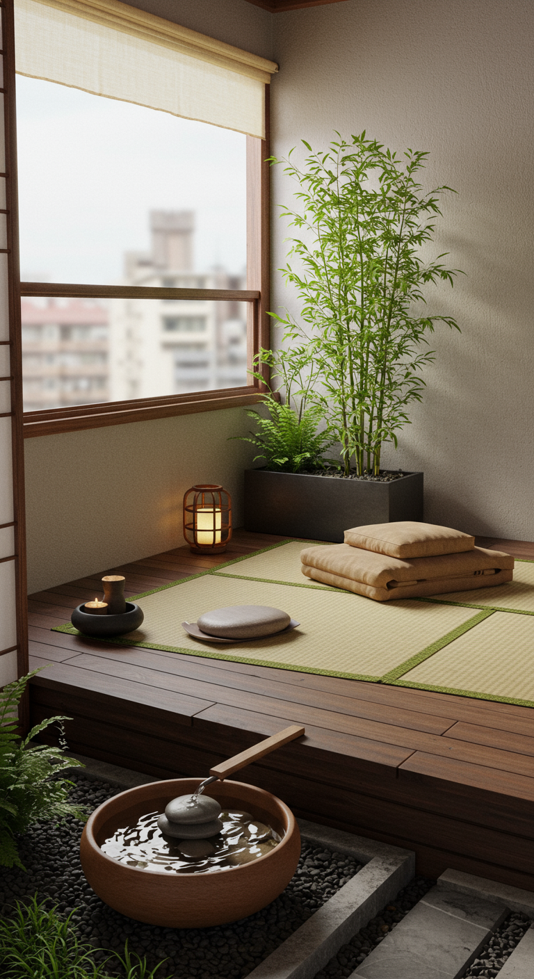 Balkon met tatami-matten, zitkussens, bamboeplant, lantaarn en een klein waterornament.