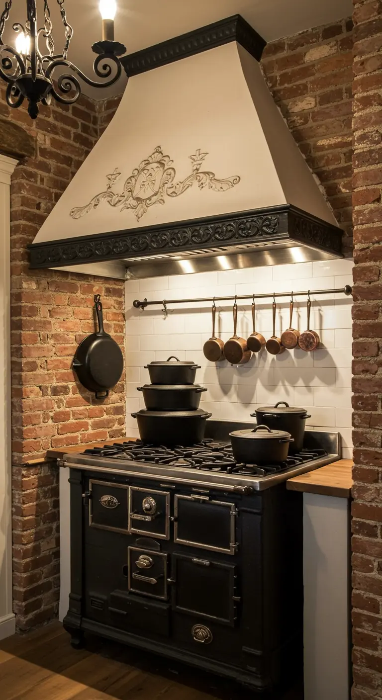 Klassieke zwarte oven met gedecoreerde afzuigkap tegen een bakstenen muur.
