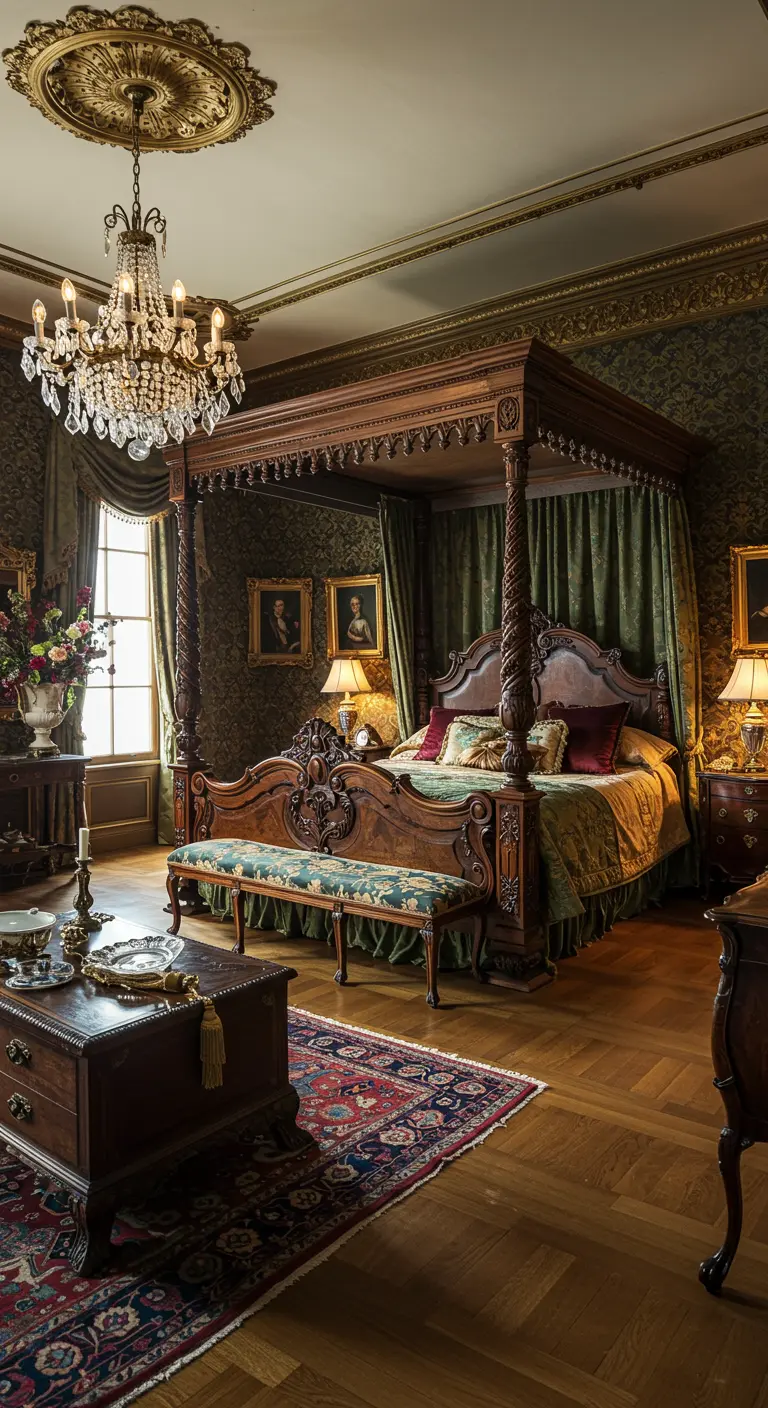 Barokke slaapkamer met donkergroen behang, imposant hemelbed en kroonluchter.