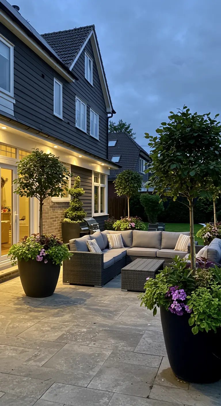 Ruim terras 's avonds met grote potten met boompjes en bloeiende planten naast een loungeset.