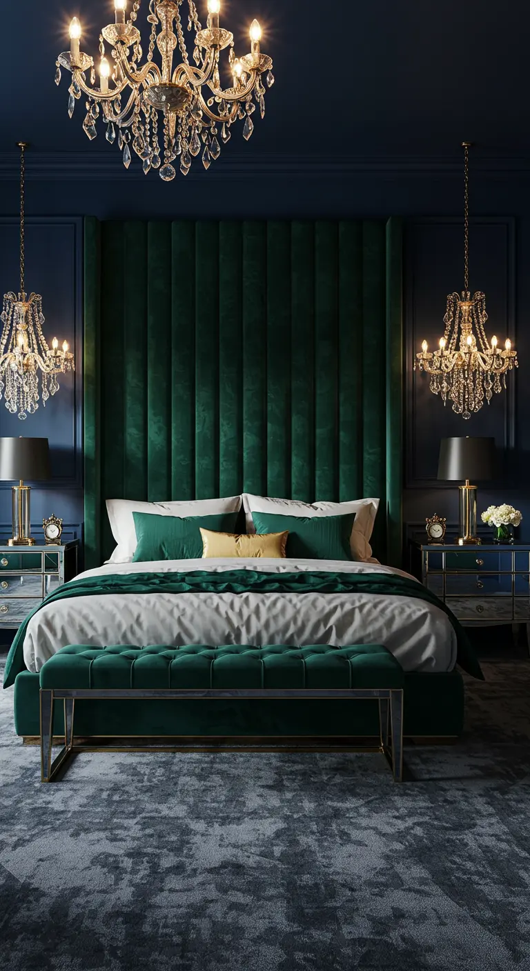 Extra hoog, donkergroen fluwelen hoofdbord met verticale banen in een luxe slaapkamer.