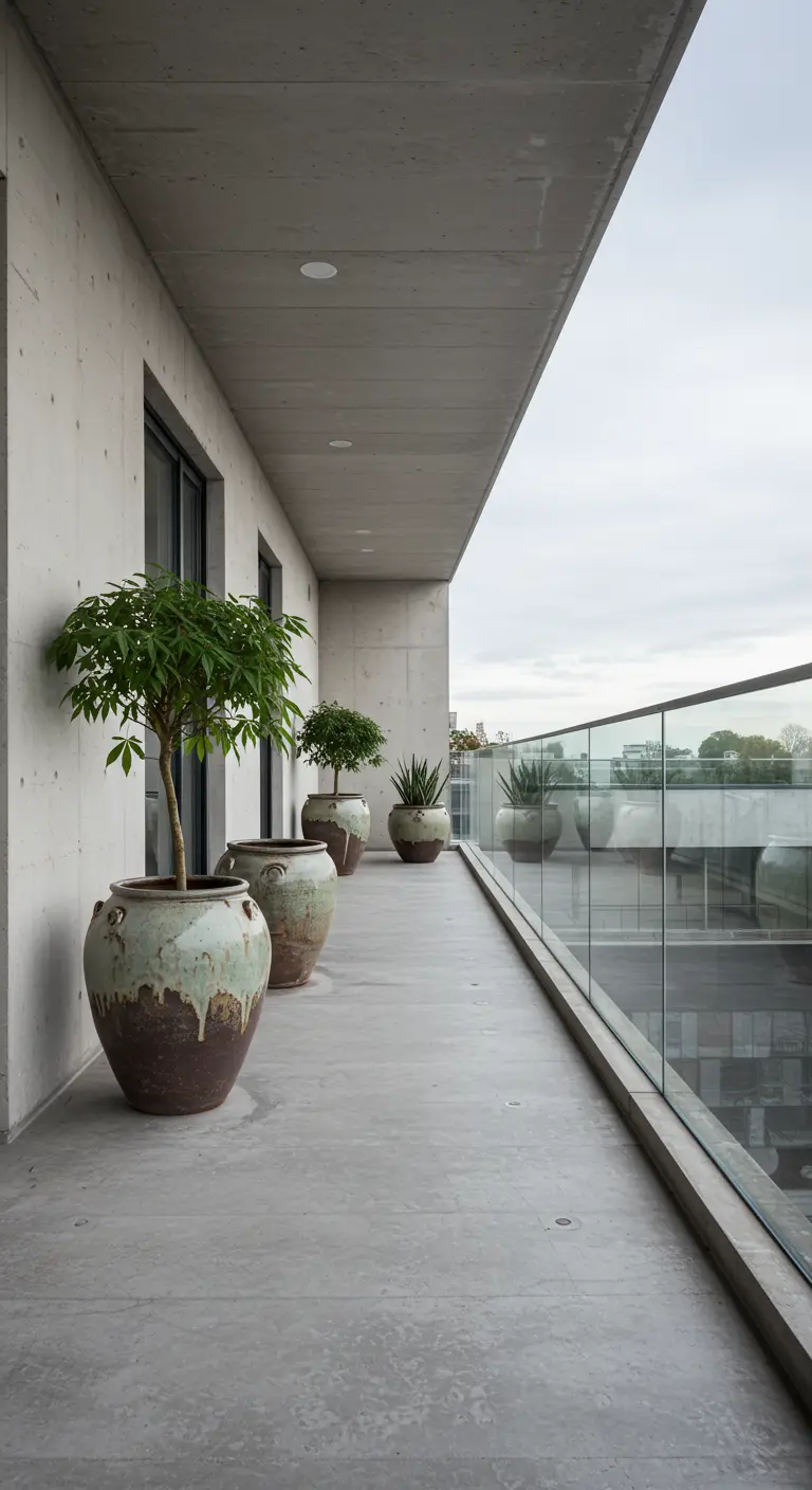 Minimalistisch balkon met een rij grote, rustieke keramieken plantenpotten.