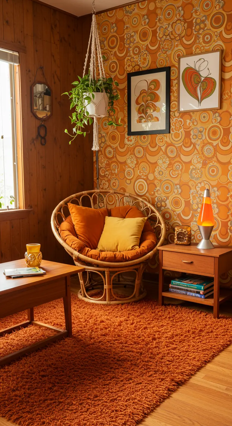Jaren '70 retro hoek met rotan papasanstoel, oranje kussens, shaggy tapijt en retro behang.