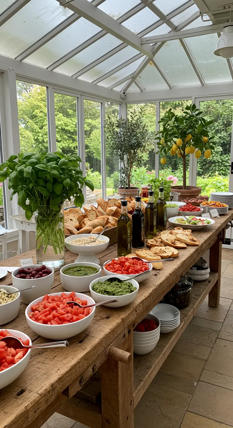 Grote houten buffettafel in serre met schalen vol gesneden tomaten, pesto, brood en basilicum.