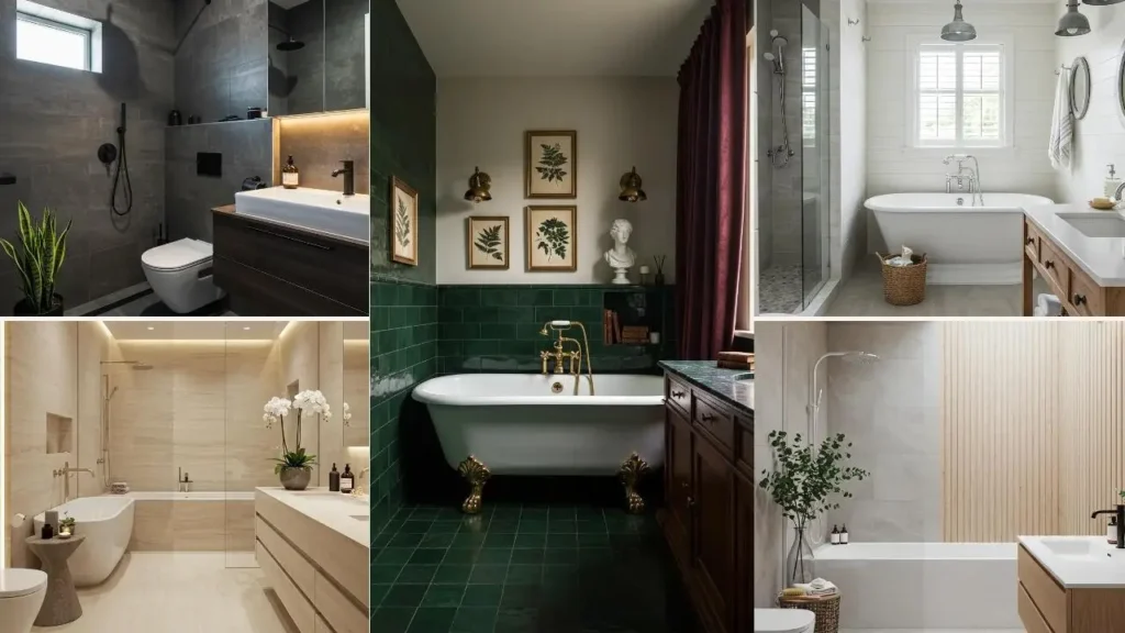 Serene badkamers met grote tegels: een collage van luxe badkamer ontwerpen.