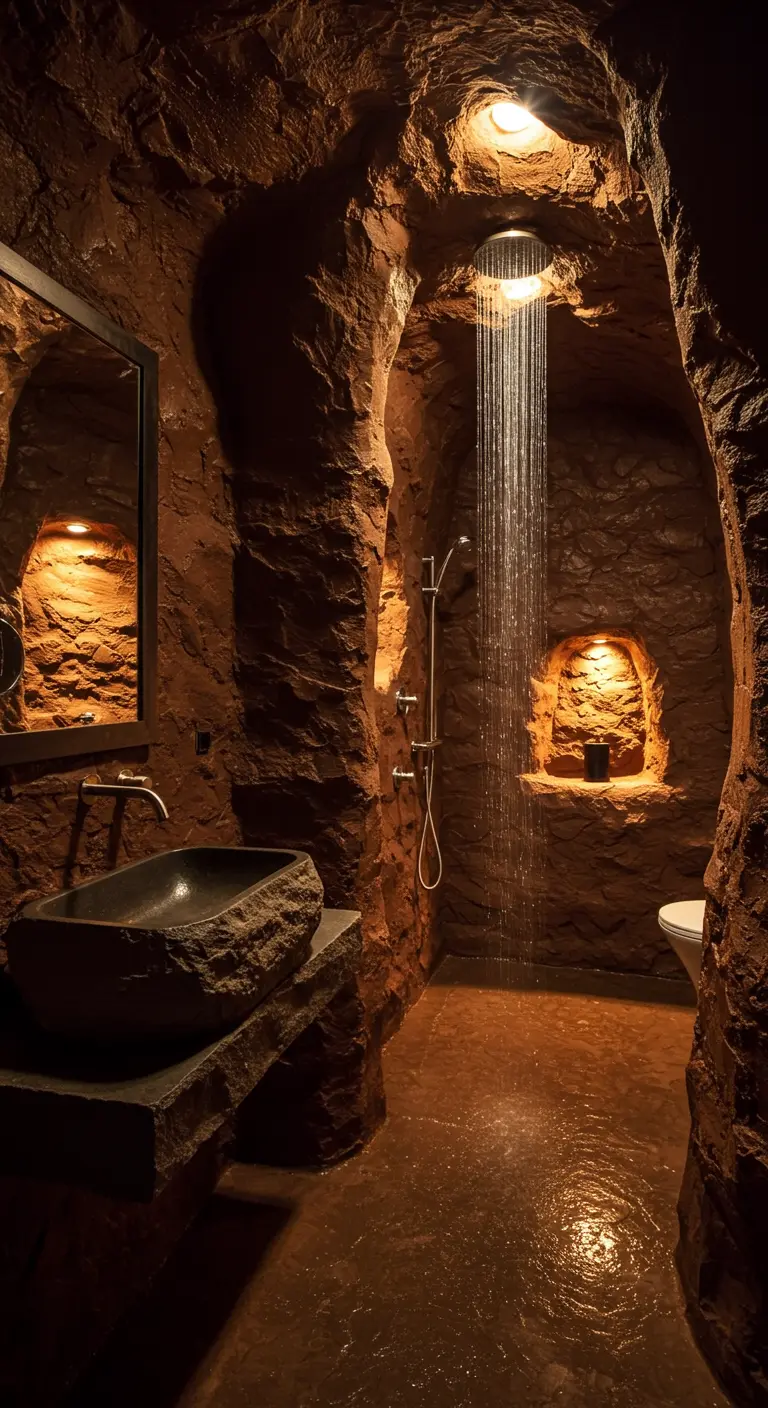 Donkere, grottenachtige badkamer met ruwe terracotta muren, regendouche, stenen wastafel.