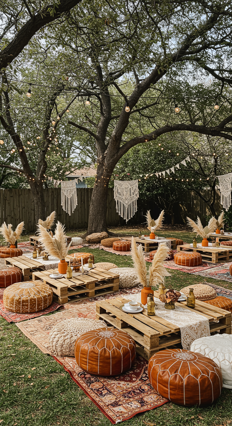 Boho tuinfeest met lage pallet tafels, kussens, tapijten en lichtslingers.
