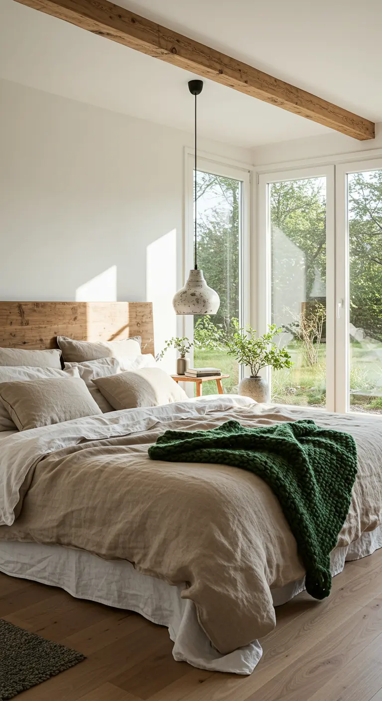 Lichte slaapkamer met houten hoofdbord, beige linnen en donkergroene gebreide sprei.