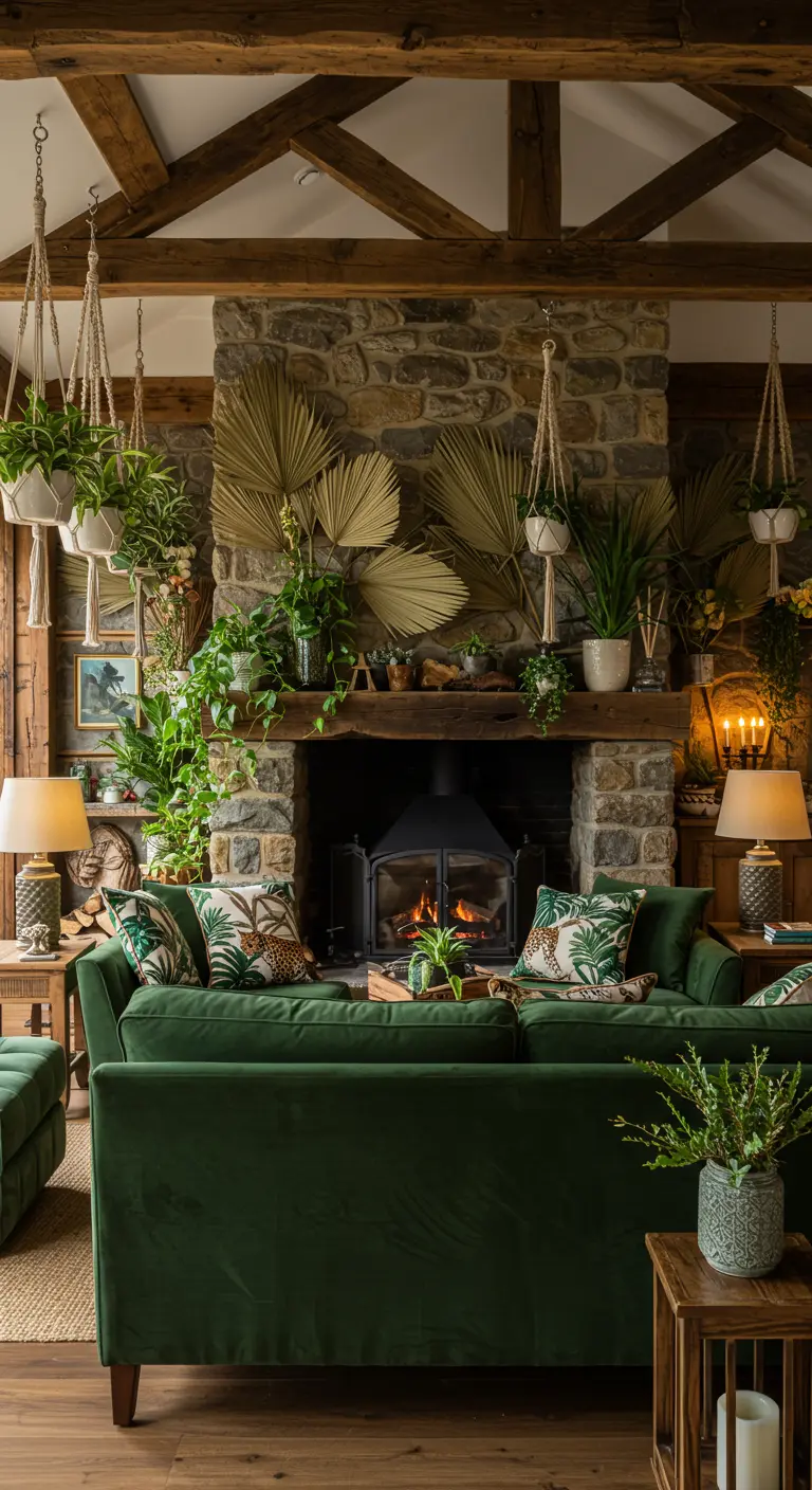 Gezellige haardhoek met stenen schouw, groene fluwelen bank en veel botanische decoratie.