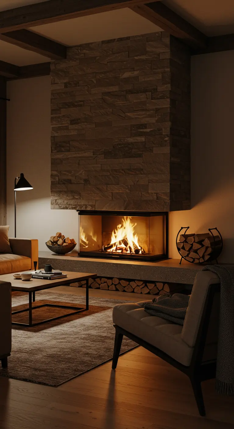 Moderne woonkamer met strakke inbouwhaard, natuurstenen details en sfeervolle verlichting.