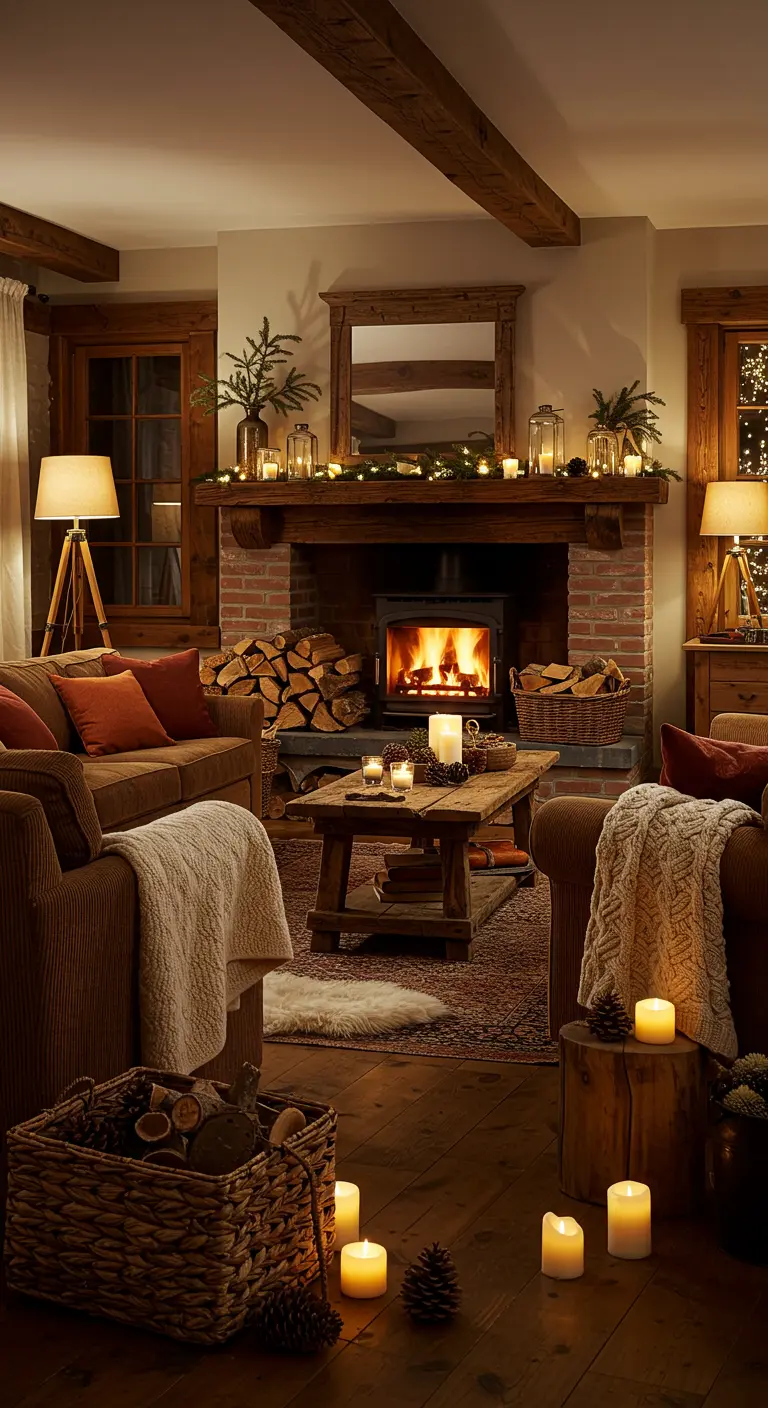 Warme boho woonkamer met brandende open haard, corduroy bank en veel kaarsen.