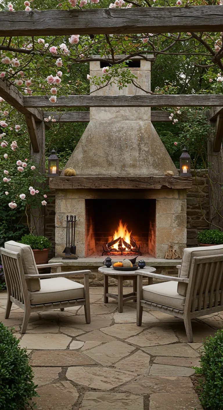 Rustieke tuin met stenen buitenhaard, houten pergola begroeid met rozen.