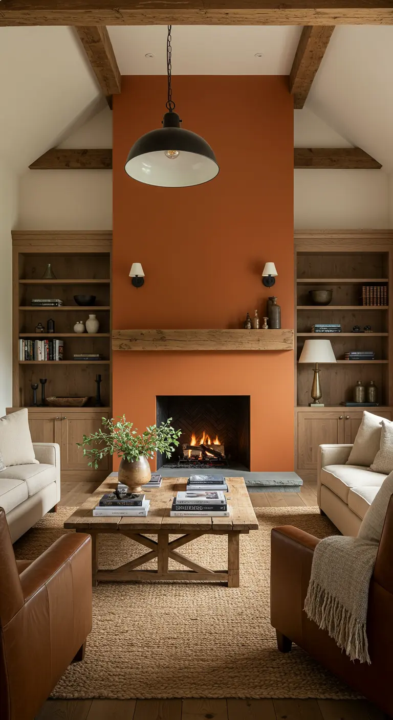 Woonkamer met oranje accentmuur rond open haard en houten balken.