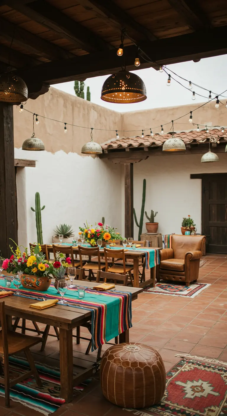Bruiloftsdiner op een haciënda binnenplaats met kleurrijke lopers, cactussen en lampionnen.