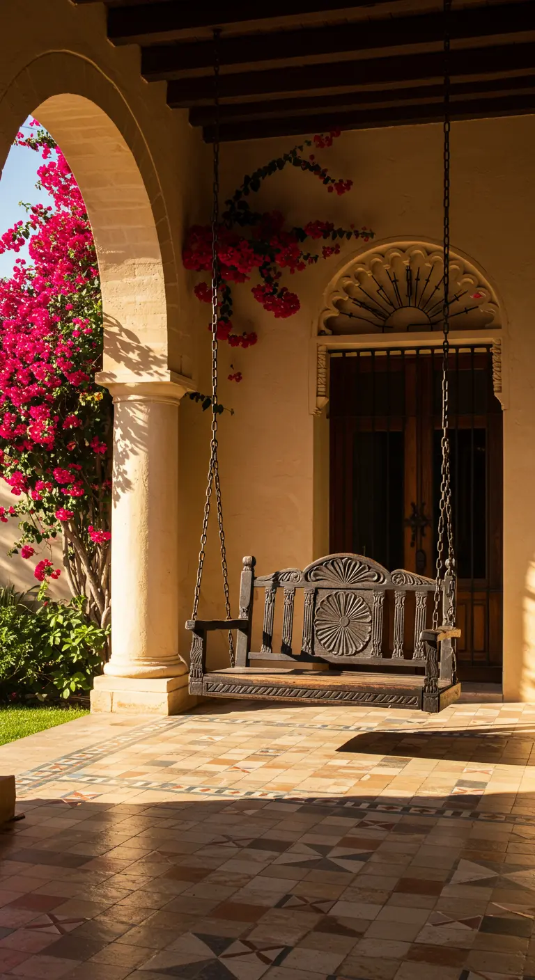 Donker bewerkte houten schommelbank onder boog met bougainvillea en tegelvloer.