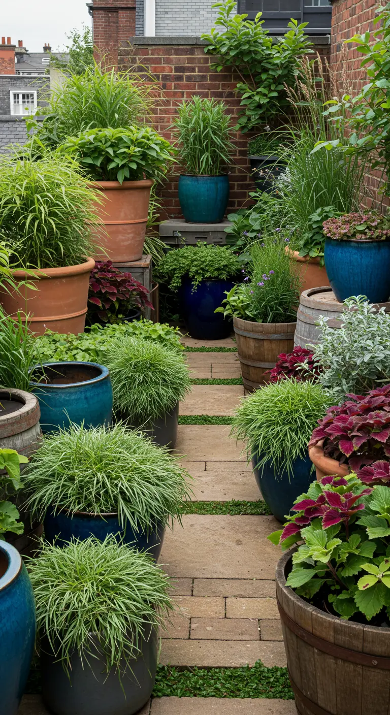 Stadstuinpad met diverse potten Hakonegras, Heuchera en andere schaduwplanten in terracotta en blauwe potten.