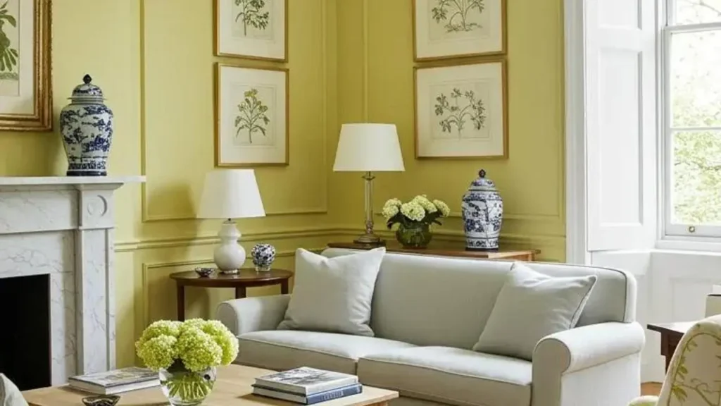 Woonkamer met halfhoge muur in groentinten, subtiel kleurcontrast, en klassieke inrichting.