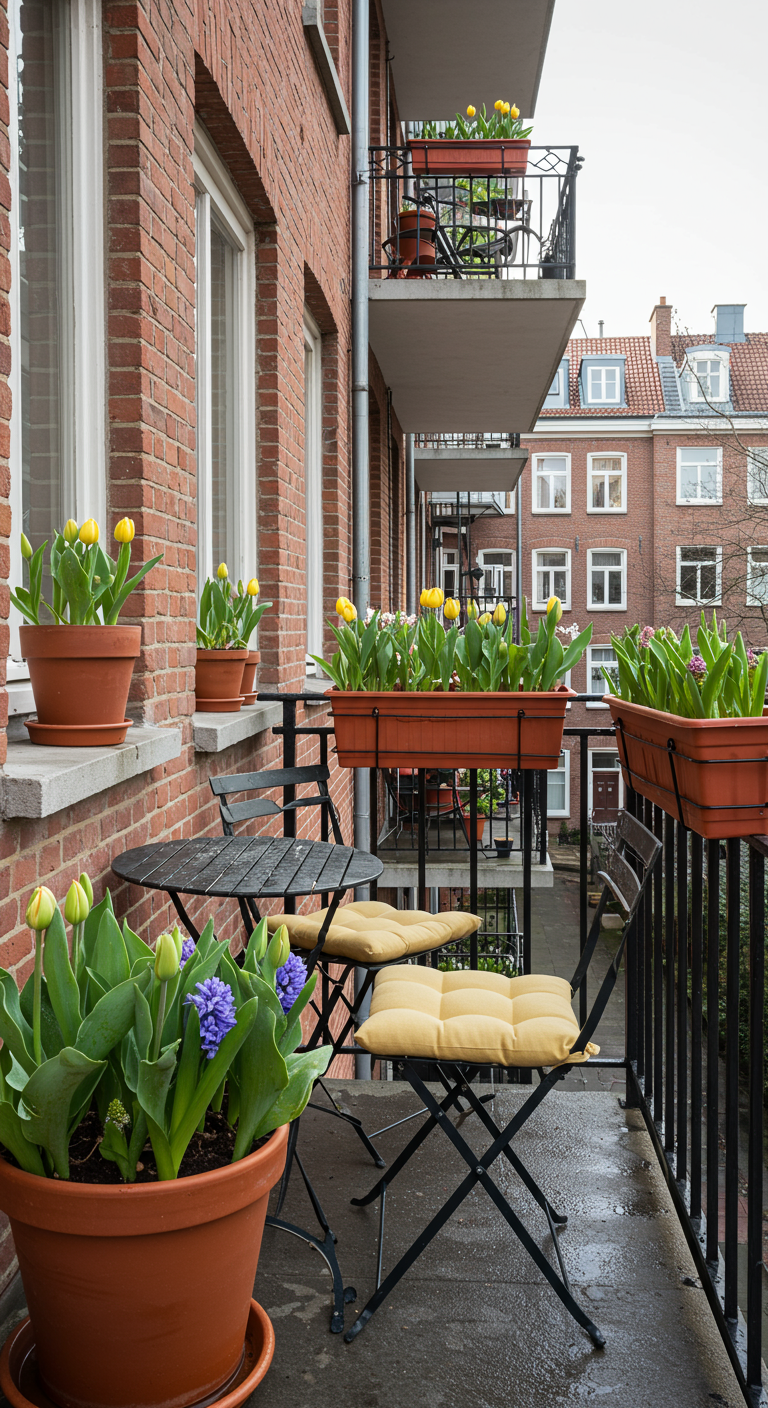 Balkon met terracottapotten vol gele tulpen en blauwe hyacinten naast een zwart bistrosetje.