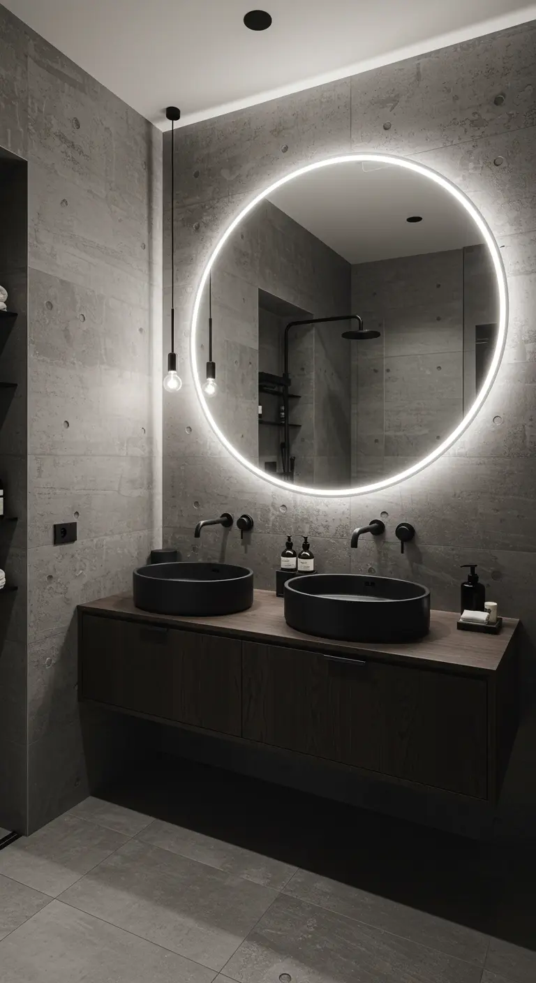 Grote ronde spiegel met LED-verlichting in moderne badkamer met betonlook.