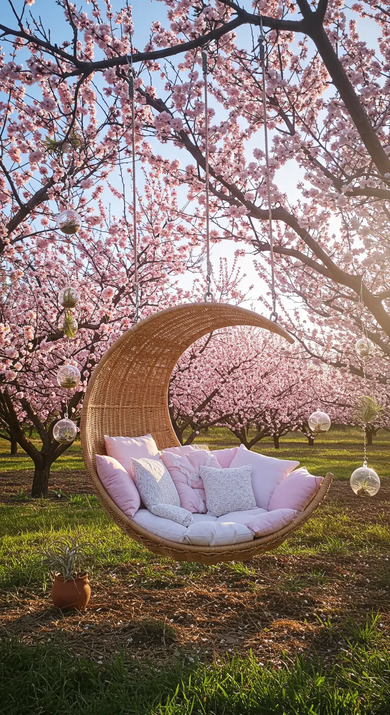 Halve maan rieten schommel met roze en witte kussens, glazen bollen in roze bloesemgaard.