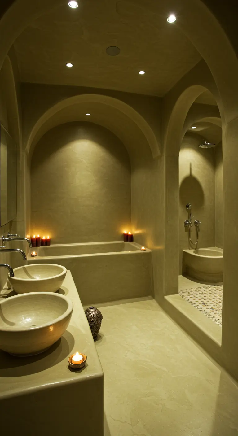 Hammam-stijl badkamer met zandkleurige bogen, twee waskommen en kaarslicht