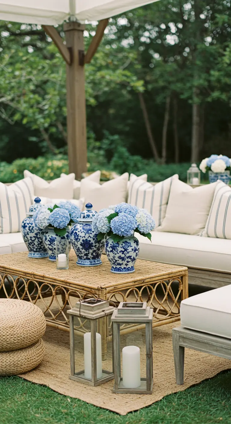 Hamptons stijl lounge met witte bank, blauw-witte kussens en hortensia's in gemberpotten.