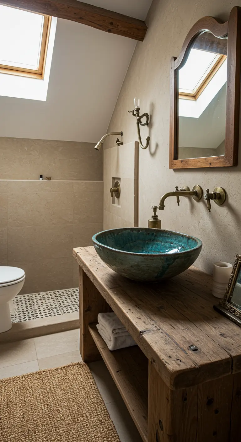 Rustieke wabi-sabi badkamer met houten meubel, turquoise keramieken waskom en dakraam.