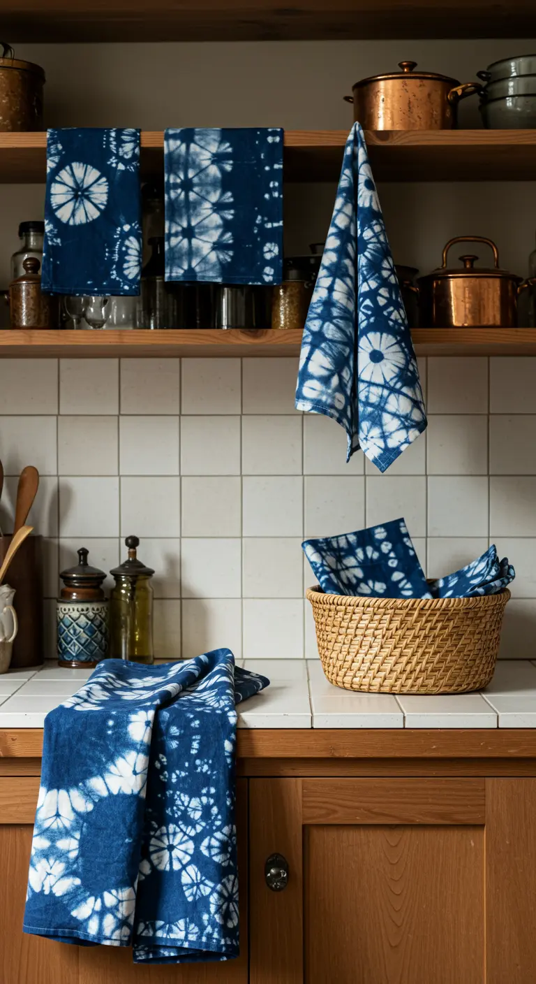 Keuken met witte tegels en diverse indigo blauwe tie-dye theedoeken, deels in een mandje.