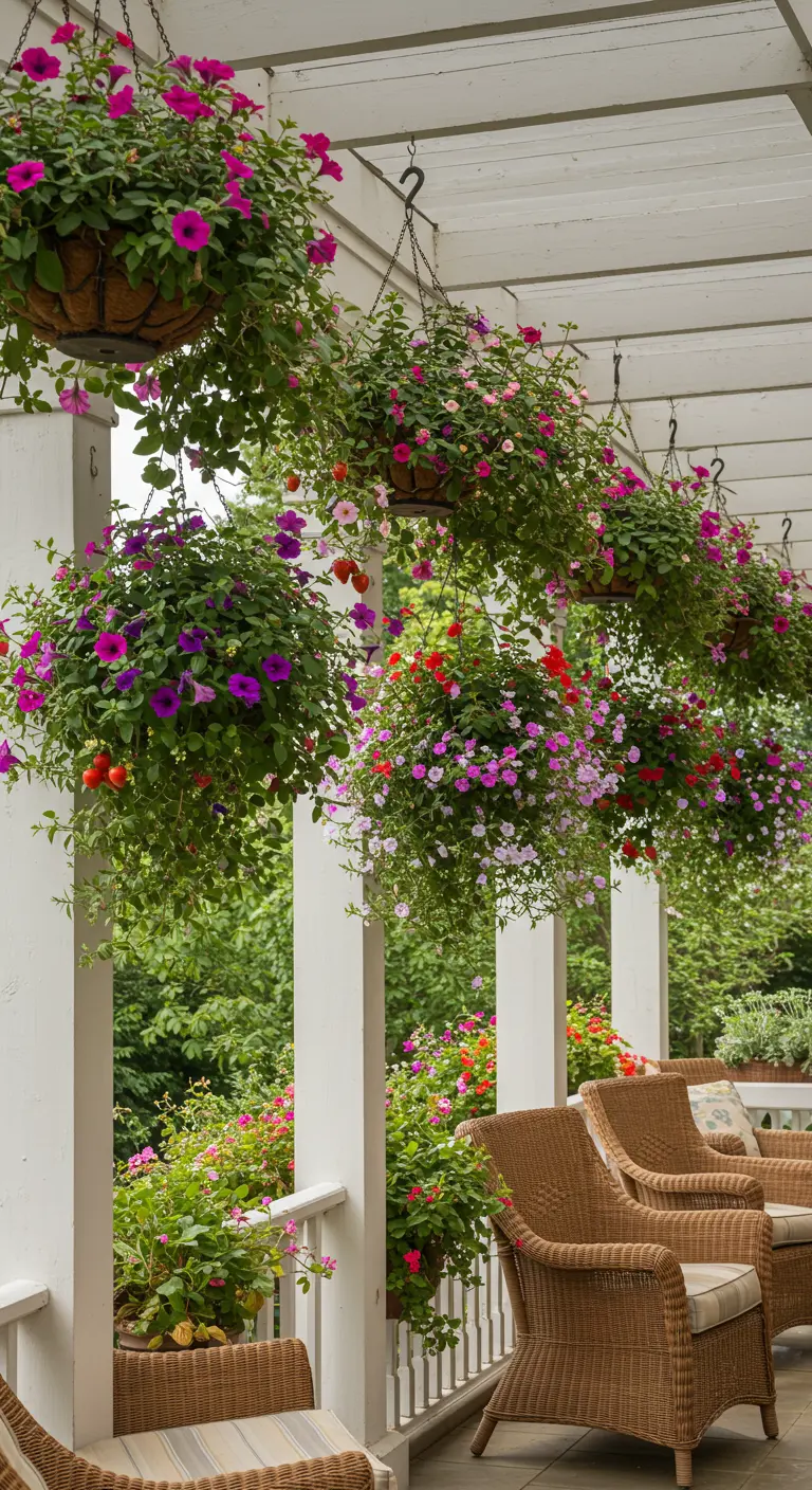 Veranda met veel hangmanden vol kleurrijke petunia's, geraniums en hangaardbeien.