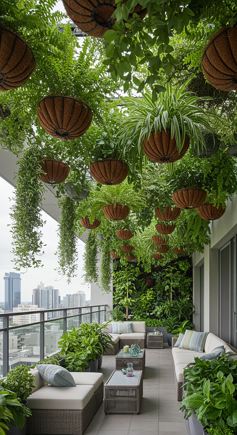 Groot balkon met talloze hangende plantenbakken die een groen plafond vormen boven een loungehoek.