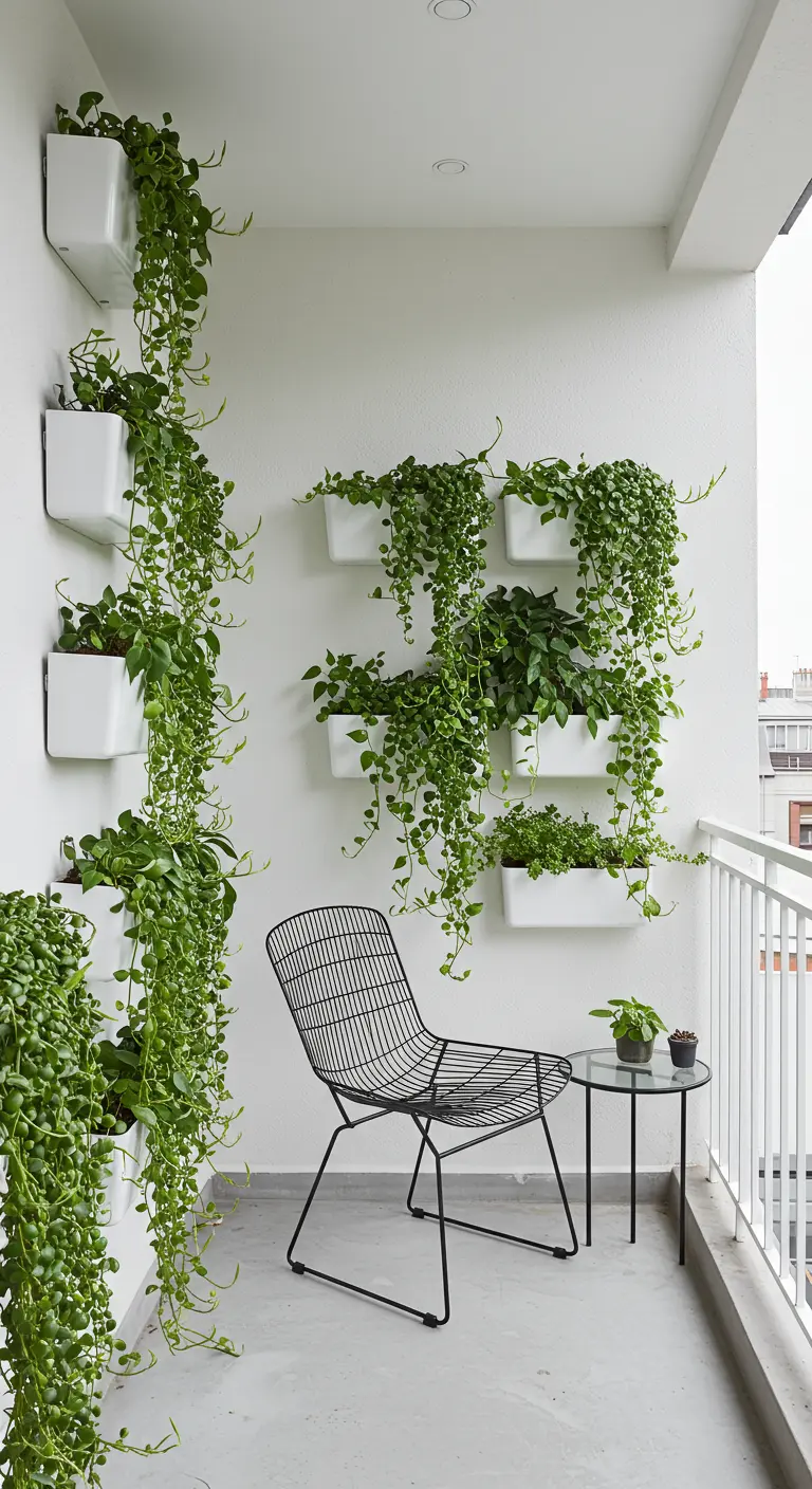 Witte verticale plantenbakken met hangplanten en een minimalistisch zwart metalen stoel op een balkon.
