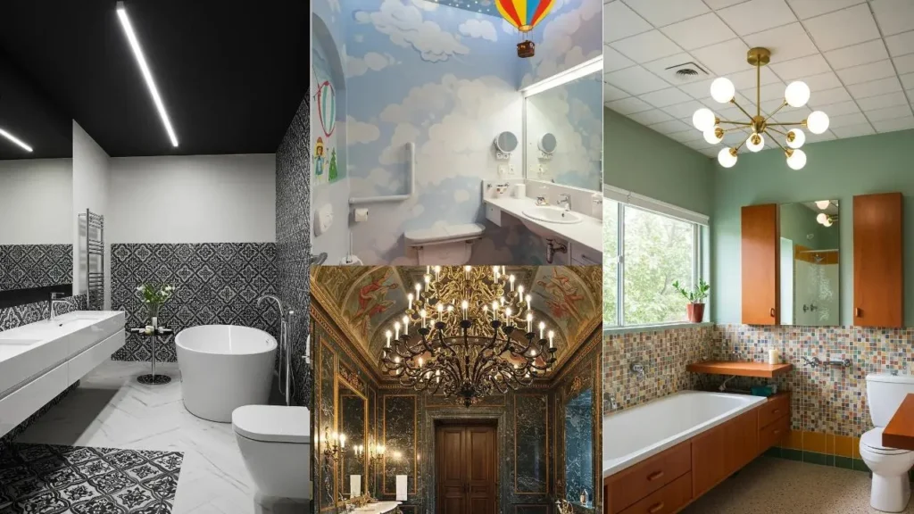 Diverse badkamerideeen met opvallende hanglampen en unieke plafonddesigns