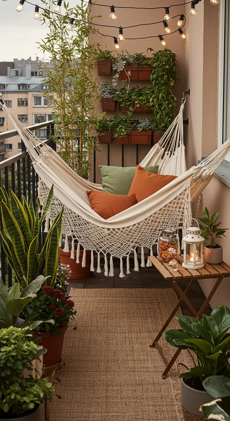 Balkon met hangmat, verticale tuin, lichtsnoer en veel planten.