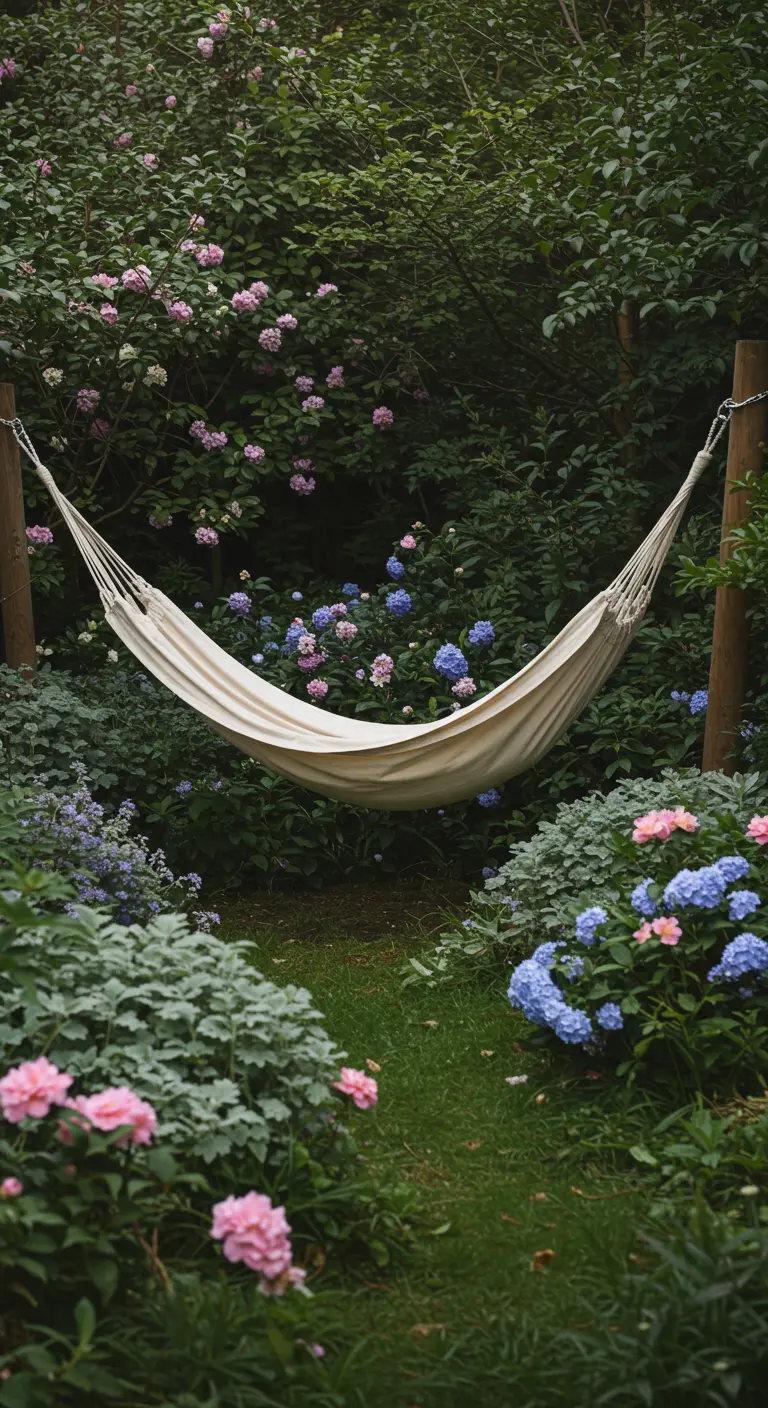 Natuurlijke hangmat omringd door roze, paarse en blauwe hortensia's in tuin.