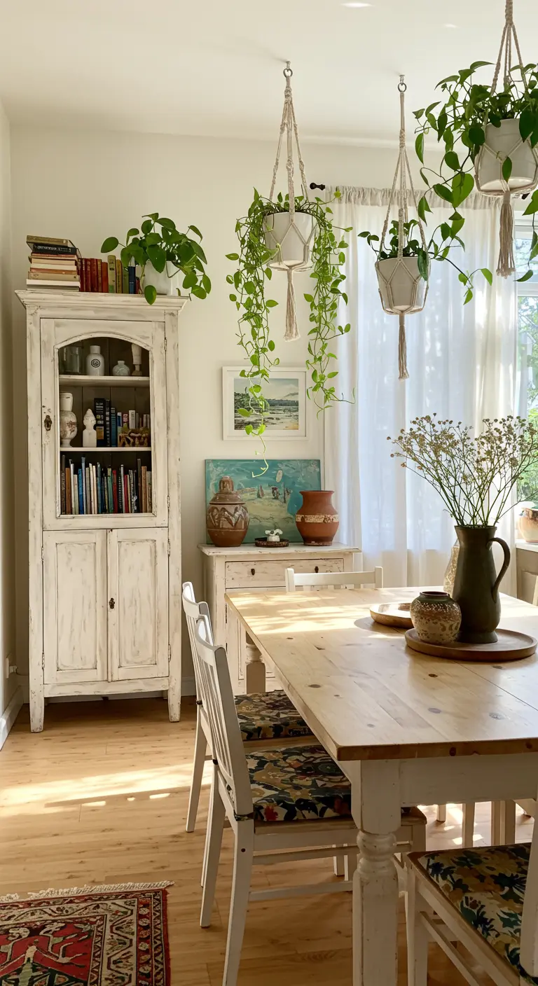 Eettafel met macramé hangplanten erboven en vintage kast