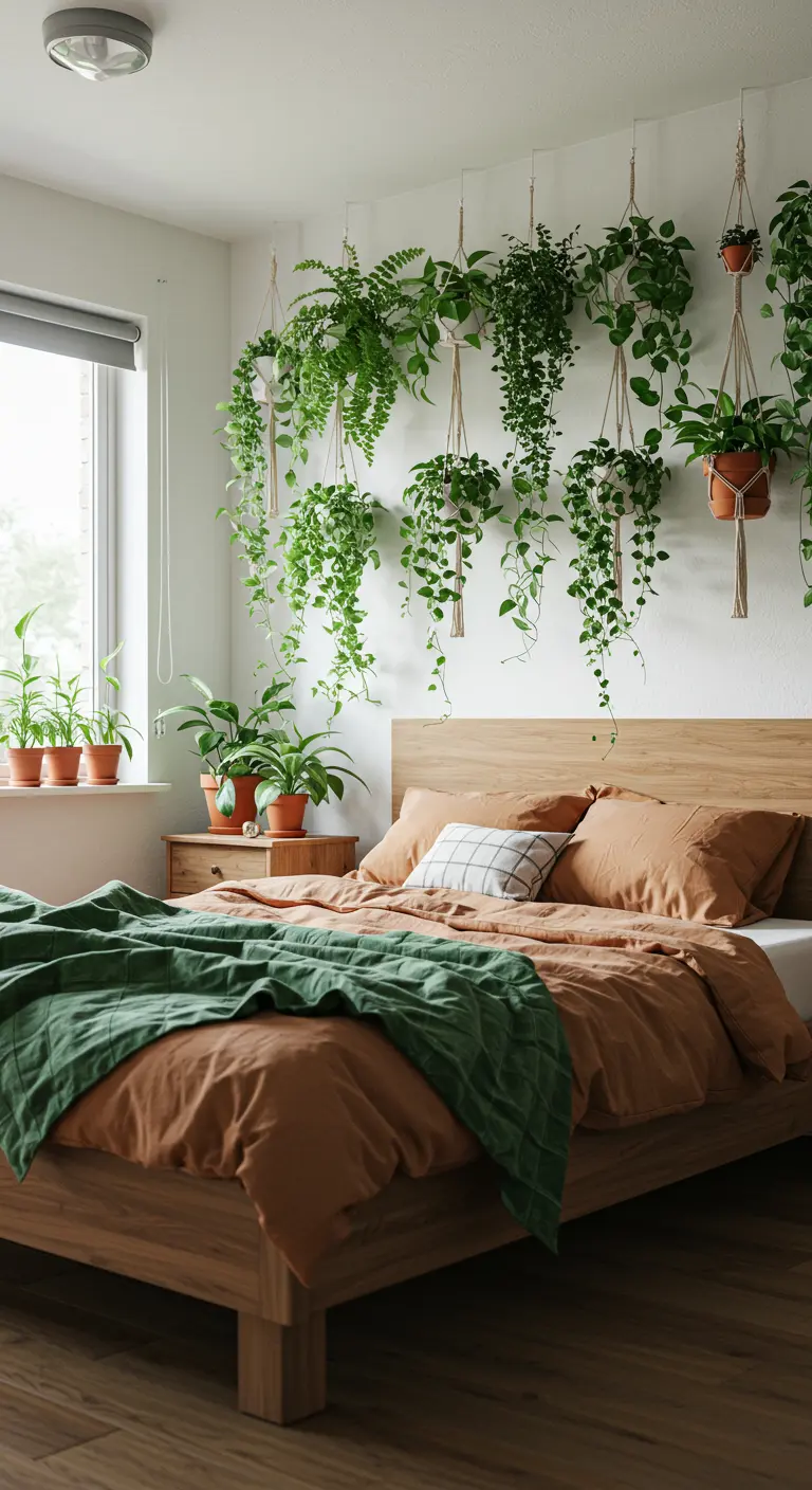Slaapkamer met muur vol hangplanten boven bed, een groene oase.